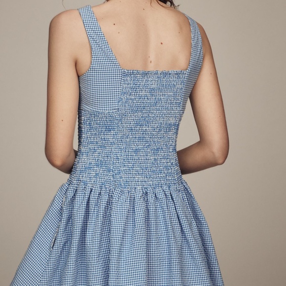 NWT Maeve Anthropologie Blue White Gingham Rosette Drop Waist Mini Dress M - Picture 3 of 5